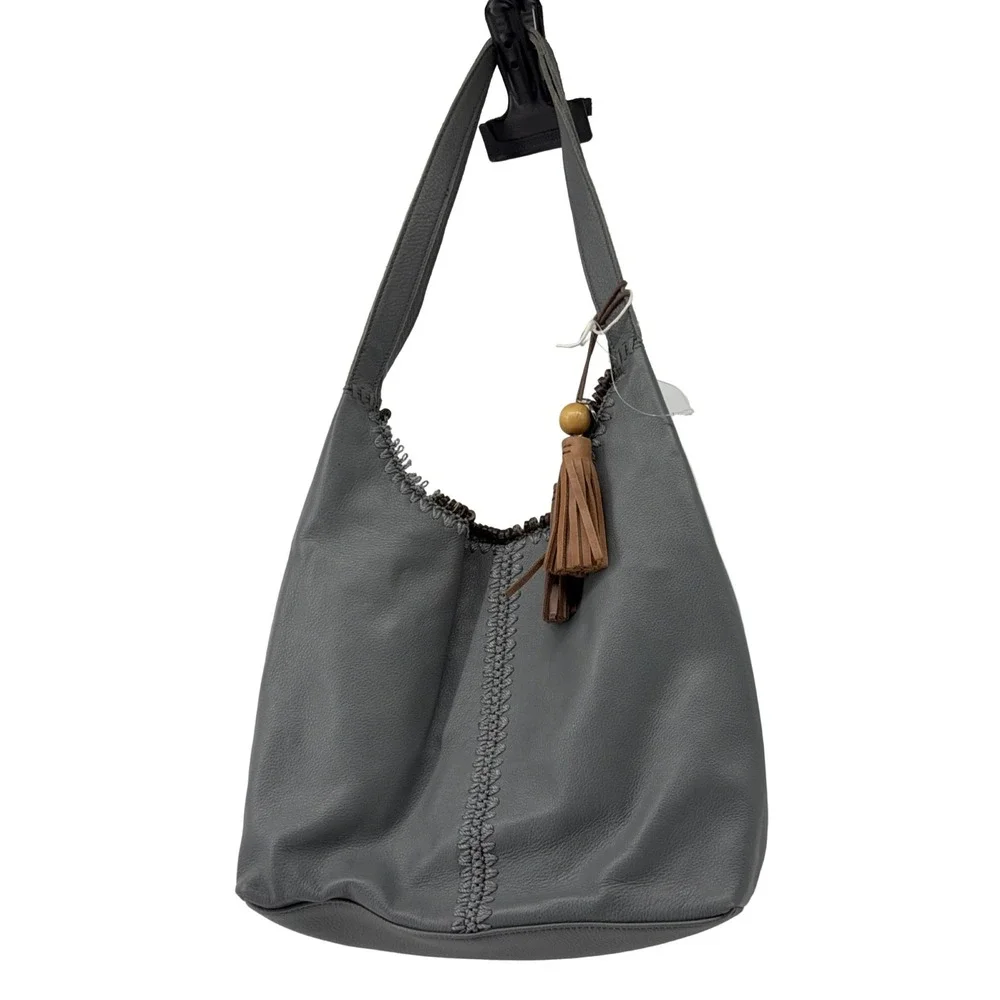 The Sak Huntley Hobo Bag Gray Leather Medium Western Crochet Tassel Read
